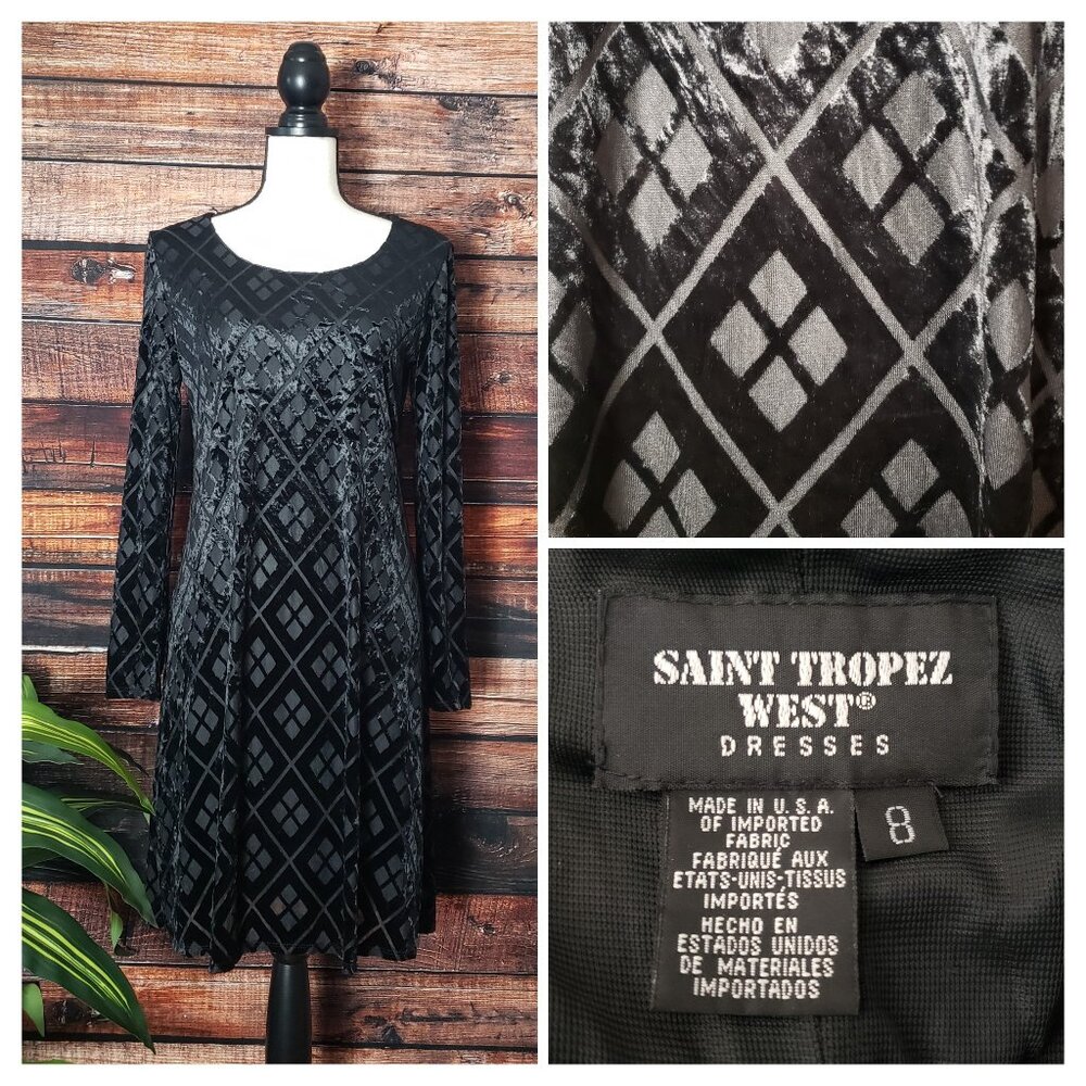 Saint Tropez West 8 Vintage Shift Dress Black Velvet Sheer Diamond USA Made